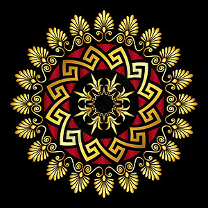 轻奢侈传统古金和红圆希腊装饰品和黑色背景植物模式矢量金希腊装饰品Meander插画
