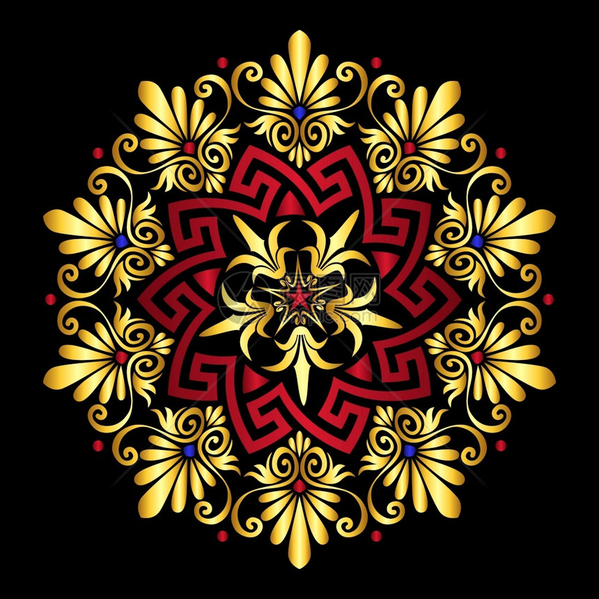 传统古金和红圆希腊装饰品和黑色背景植物模式矢量金希腊装饰品Meander图片