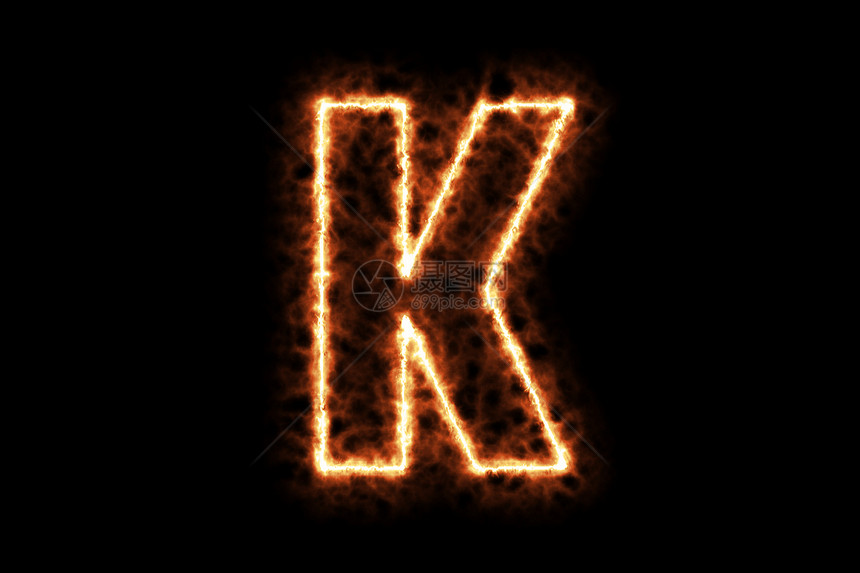火燃烧构成字母K首都英文字母符与黑色背景隔绝3D投影插图热框架点火用符号烟雾图片