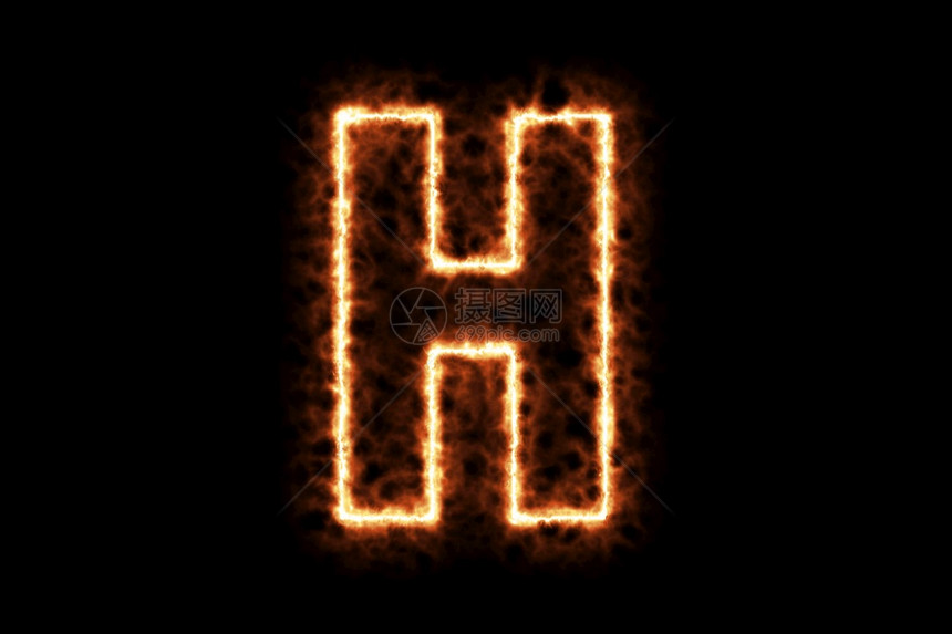 火燃烧形成字母H首都英文字母符与黑色背景隔绝3D投影插图点火热用符号抽烟图片