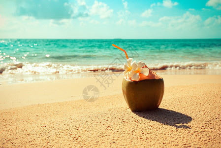 新鲜椰子汁夏日沙滩上鲜花在底水年轻的椰子热带水果图片