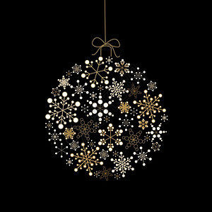 金色圣诞球装饰圣诞节舞会由黑色背景的金雪花矢量制成插画