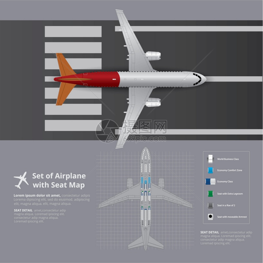 一组带座位的飞机单向矢量说明图片