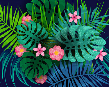暑期特惠海报夏季热带暑期树叶外来植物棕榈丛林叶夏季热带树棕榈丛林深背景模板横幅上变化的颜色背景