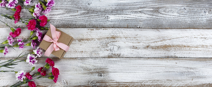 母亲节花藤边框康乃馨花和母亲节礼物盒的左侧边框放在白色生锈木质背景上复制空间顶端视图以平板格式背景