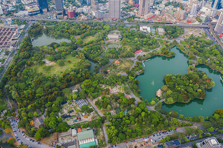 Lumpini公园花绿树的空中顶层景象和反射智能城市绿色生态区泰国曼谷中午环境自然景观背背景