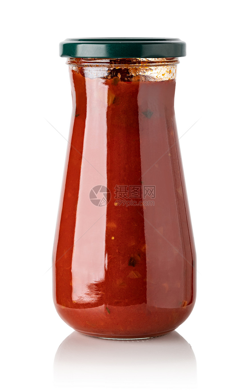 白背景孤立的番茄酱罐图片