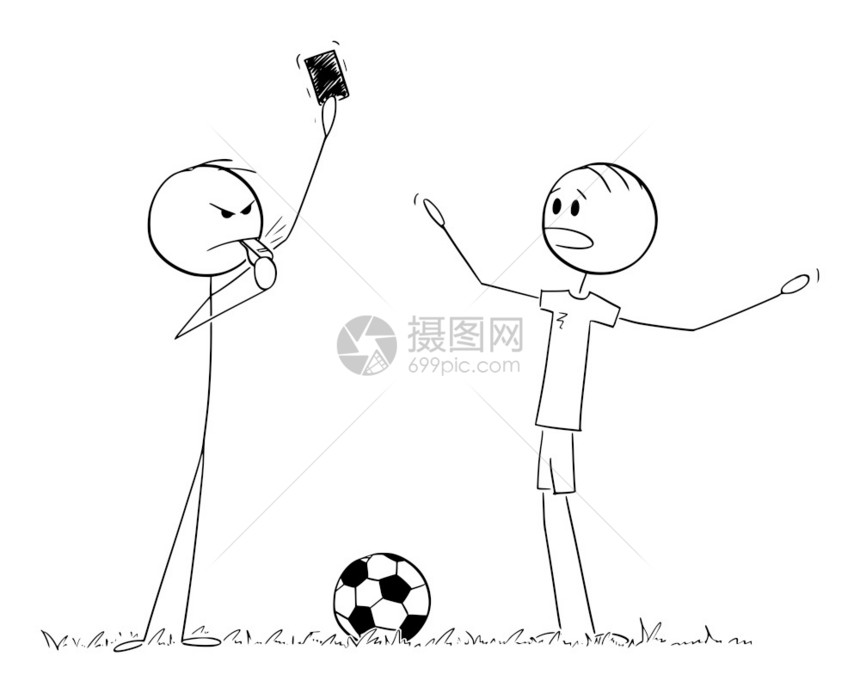 矢量卡漫画棒图绘制严重足球或裁判向玩家显示红色卡片的概念插图矢量卡通显示严重足球或裁判向玩家显示红卡图片