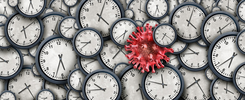 规划和疾管理是一个抽象的时间概念作为一组时钟物体其传染细胞代表大流行病期间的工作时为3D说明图片