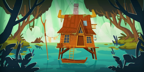 高跷房子雨林湖泊中的木屋矢量插画插画
