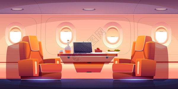 私人飞机私人喷气式飞机的豪华内脏配有扶椅膝上型餐饮和的桌子插画