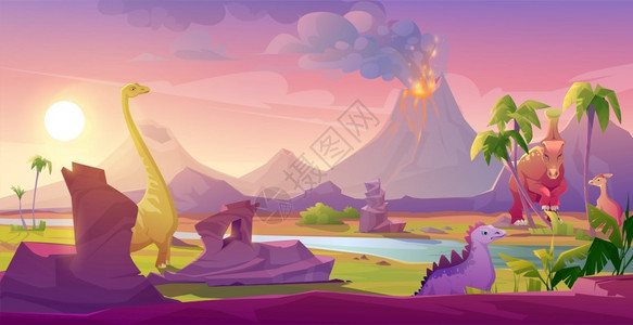 恐龙矢量恐龙灭绝火山喷发时的场景插画