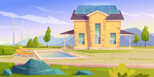 风电池板具有太阳能电池板和风力的房屋插画