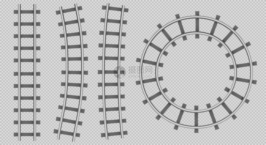 火车铁轨顶部视图路直轨曲线和圆路地铁钢沉睡器在透明背景下隔离的物流运输建设图片