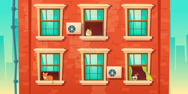 红色外墙以砖墙和木制框架的窗砖墙遮盖建筑外矢量漫画插图用下水管封闭和打开的玻璃窗户用猫植物和咖啡放在烟幕上用砖墙和窗户遮盖房屋外墙插画