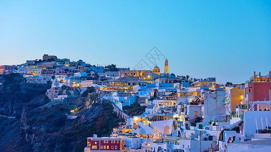 希腊圣托里尼岛Thira镇奇幻天明的全景高清图片