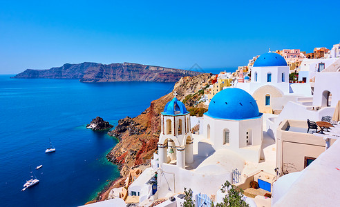 蓝色教堂希腊圣托里尼岛奥亚镇的景象希腊地貌背景