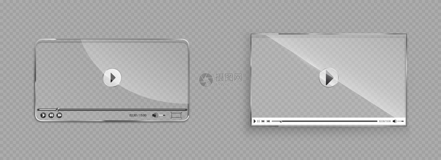 Glass视频播放器界面透明的播放窗口倒带停止暂和音量按钮屏幕模型用于网络设计音频多媒体应用面板现实的3d矢量插图视频播放器界面图片