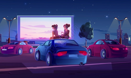 露天电影院女孩坐在汽车顶上看电影矢量插画插画