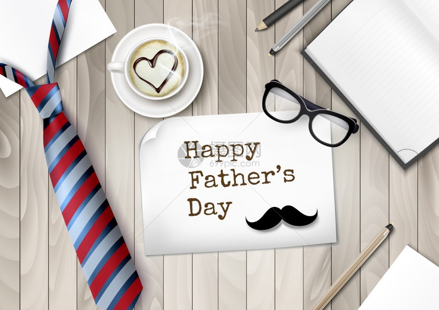 父亲节背景彩色条纹领带办公室用品和木制办公桌上的眼镜矢量插图图片