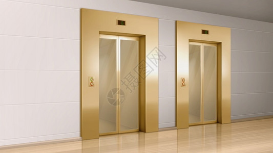 餐叉金色不锈钢金色电梯有玻璃门在走廊的视野中看矢量现实的空代办公室或旅馆内厅大有豪华电梯面板有按钮墙上地板金色电梯走廊有玻璃门设计图片
