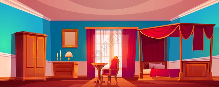 经典卧室装有木制家具和红窗帘的豪华卧室插画