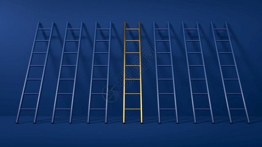 在蓝色空房中一个金梯子与其他蓝色的金灵感成功领导和商业成就的概念3D转换灵感领导和商业成就的概念插图背景图片