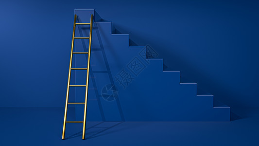 金梯子靠在蓝色楼上通往顶端灵感成功领导和商业就的阶梯概念3D转换插图背景图片