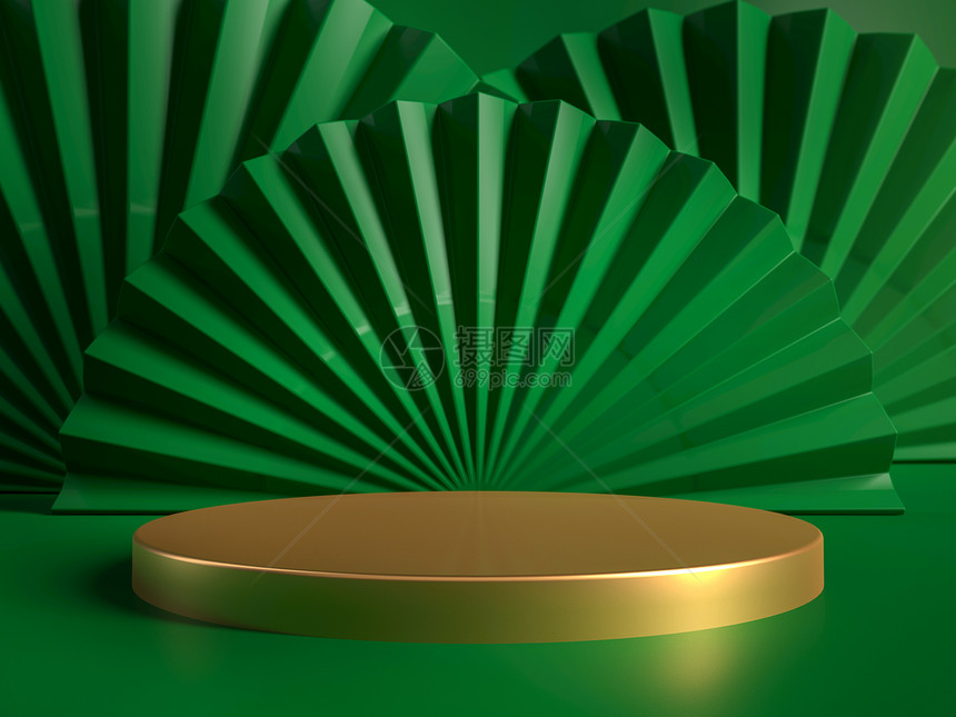 金圆台在演播室中与绿色装饰粉丝一起展出或讲台3D插图使用像进行品牌身份和演示将您的产品或对象放在讲台上金圆展出或讲与绿色装饰粉丝图片