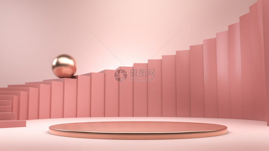 粉红色楼梯金阶或3D插图展示品牌或贵公司身份的完美背景在讲台上放置物件或产品粉色楼梯和金阶或饰品的简要化妆背景在讲台上放置物件或图片