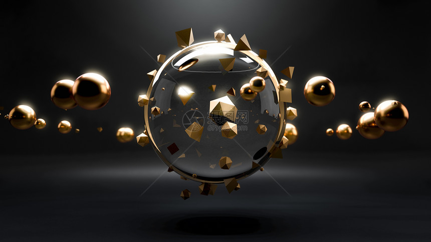 金球和形体在黑房间的玻璃球或中飞动的抽象场景高科技或SCIfi广告图像3d插图金球和形体在黑房间的玻璃球或中飞动的抽象场景高科技图片