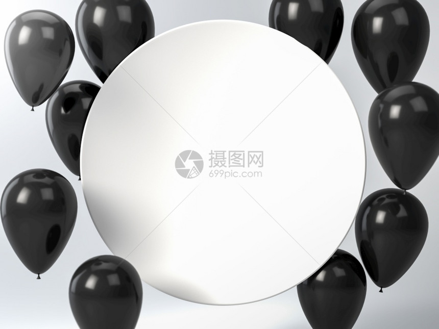 白圆板或带黑色气球的圆板或框架用于庆祝聚会问候和邀请的完美背景或模型3d插图将您的文本放在复制空间白圆板或框架上面有黑色气球完美图片