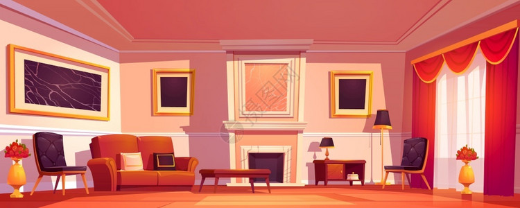 金灯沙发椅子和大理石壁炉的室内豪华客厅插画