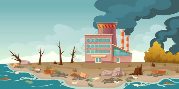 肮脏的水生态污染排放烟雾和制造肮脏空气的工厂插画
