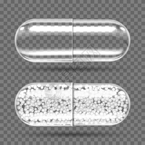 空的和有颗粒填充剂的透明胶囊抗生素维他命氨基酸矿物生活添加剂现实的三维病媒运动营养药品空的和有颗粒透明胶囊插画