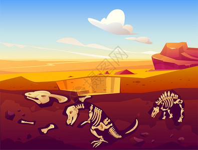 死去的动物埋在地下的恐龙化石卡通矢量插画插画