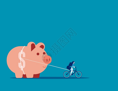 拉力绳商业女人和小猪银行商业矢量说明援助拉力储蓄的概念插画