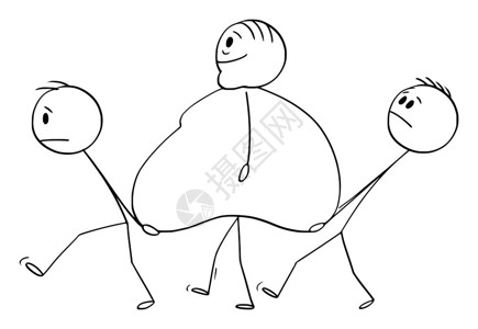 走路的男人矢量卡通棒图绘制肥胖超重或子与两个男人带着肚子走路的概念图插画