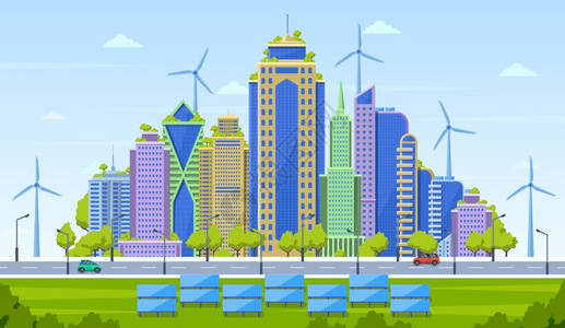 绿色景观树生态城市智能景观摩天大楼矢量图插画