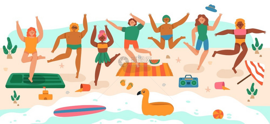 快乐年轻人海滩上跳跃矢量插画图片
