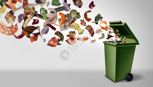 浪费食物有机堆肥废物食品和积的腐烂厨房残渣水果和蔬菜垃圾落到绿色的天然肥土箱中含有3D插图背景