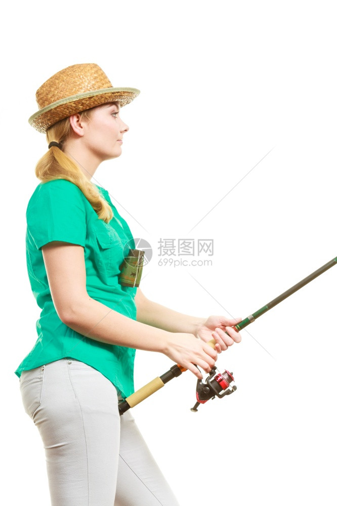 养鱼旋转设备滚动运和活概念养鱼杆等待打猎的无聊妇女养鱼杆旋转设备的妇女图片