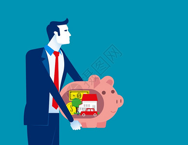 银行抵押商人拥有小猪银行和梦想概念图插画