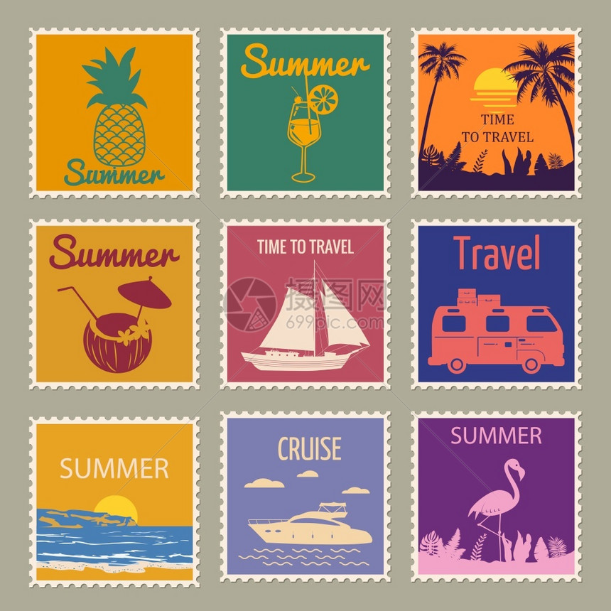 复古风格暑期度假设计矢量插图邮票图片