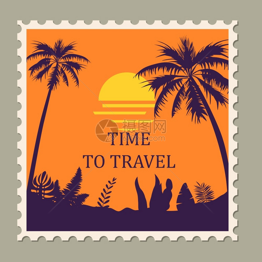 复古风格沙滩棕榈树设计矢量插图邮票图片