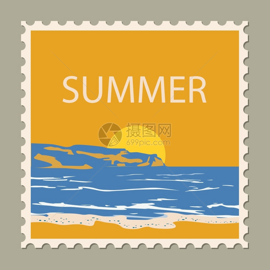 复古风格海滩日落设计矢量插图邮票图片