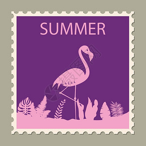 邮费复古风格火烈鸟设计矢量插图邮票插画