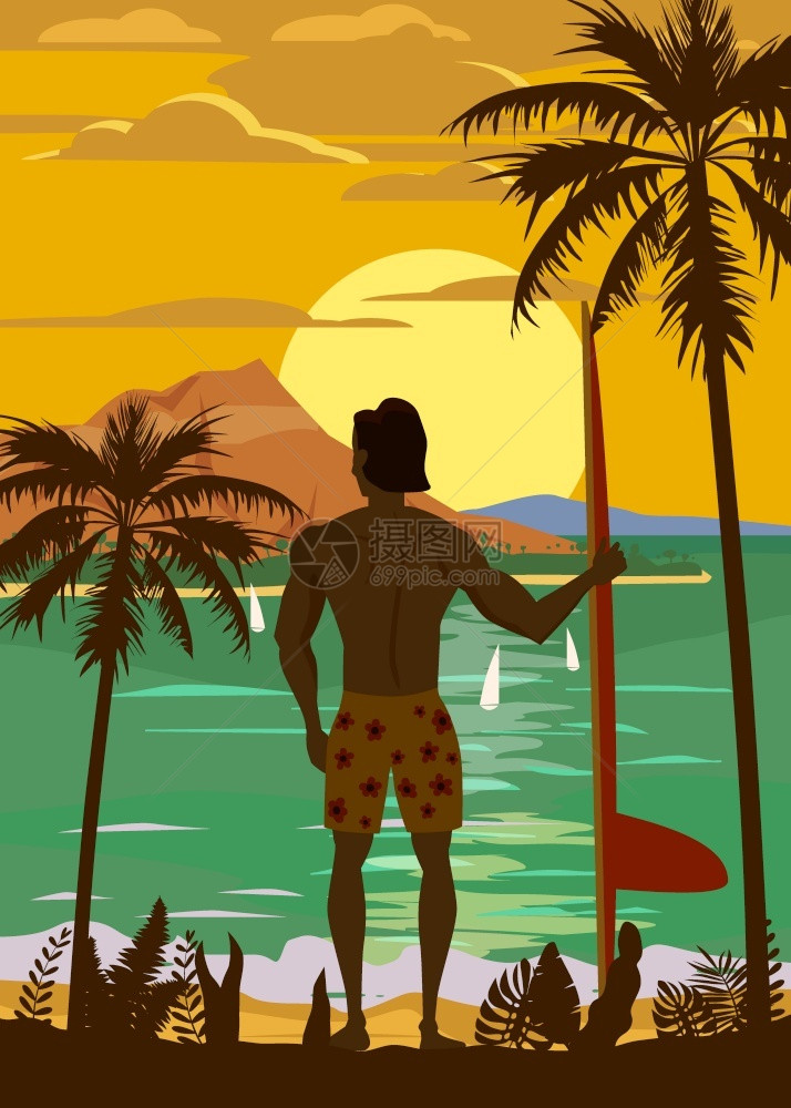 复古风格冲浪者手拿冲浪板站在热带海滩矢量插画图片