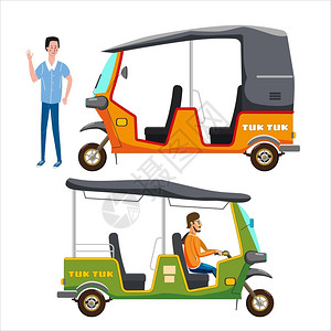 曼谷三轮车卡通风格司机驾驶电动三轮车矢量插图插画
