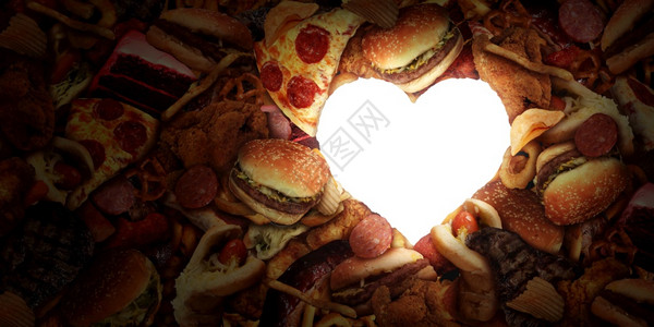 垃圾食品心脏吃脂肪食品和不健康的饮食概念与一组油腻快餐以爱的象征形式图片